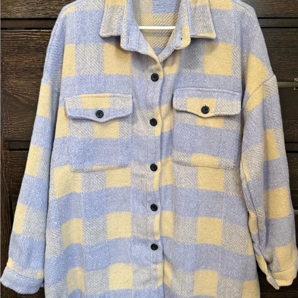Plaid Button-Up Jacket in Purple and Cream